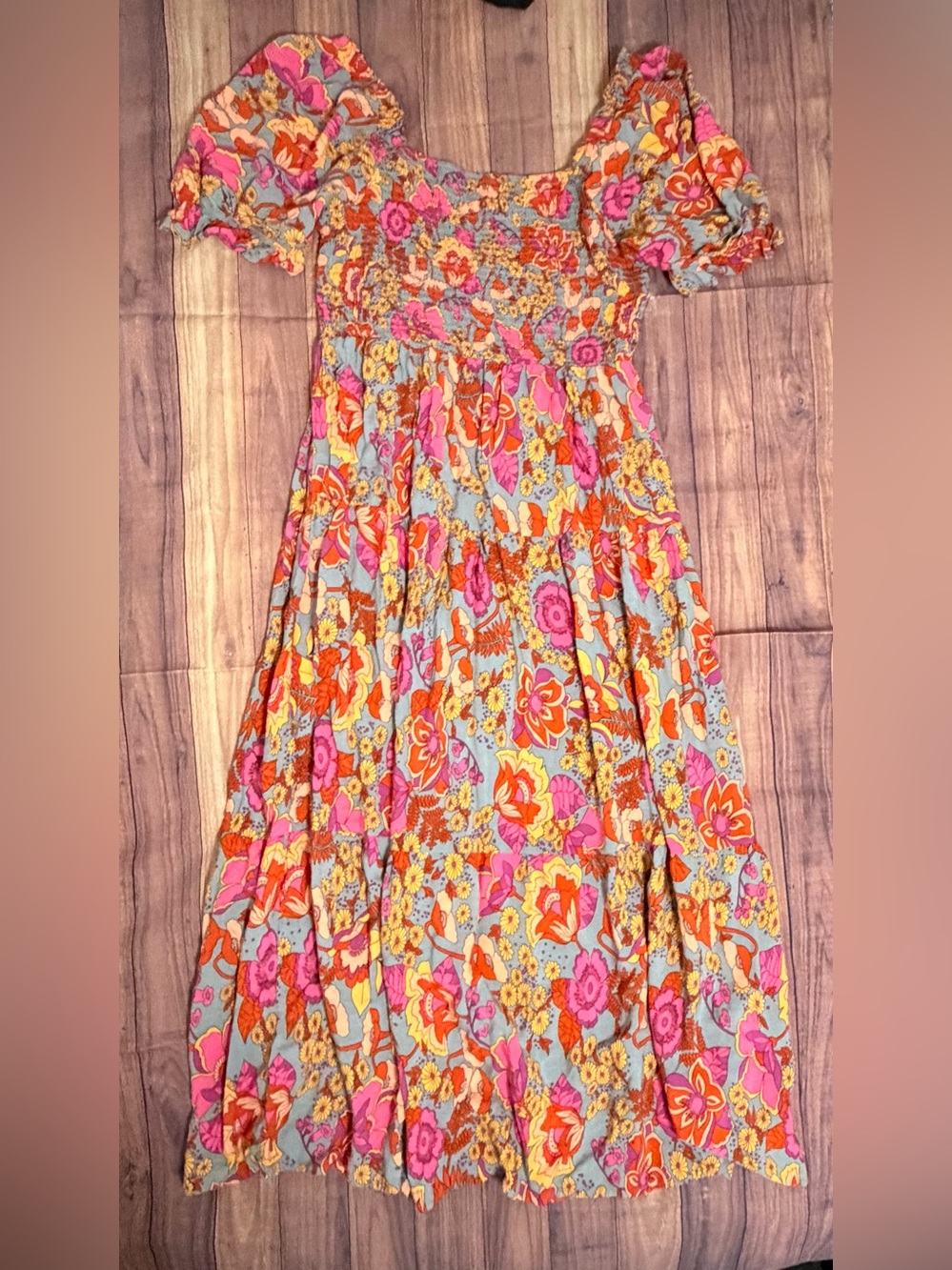 Floral Smocked Maxi Dress in Pink & Orange
